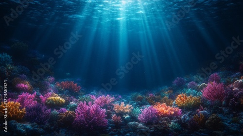 a colorful coral reef in a deep blue ocean with beams of sunlight penetrating the water.