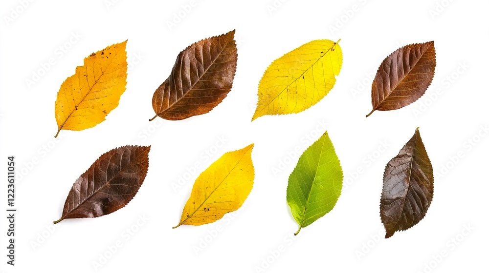 Fototapeta premium Colorful Autumn Leaves Displayed on White Background for Nature Lovers