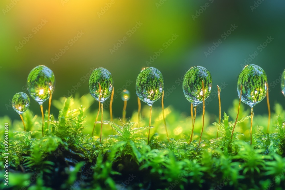 Macro shot of tiny water droplets on green moss with sunlight Macro shot of tiny water droplets on green moss with sunlight