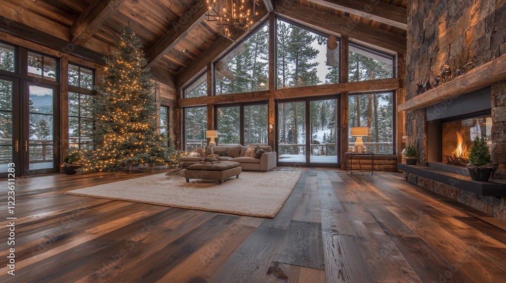 Cozy mountain lodge living room with Christmas tree, fireplace, and snowy view Cozy mountain lodge living room with Christmas tree, fireplace, and snowy view