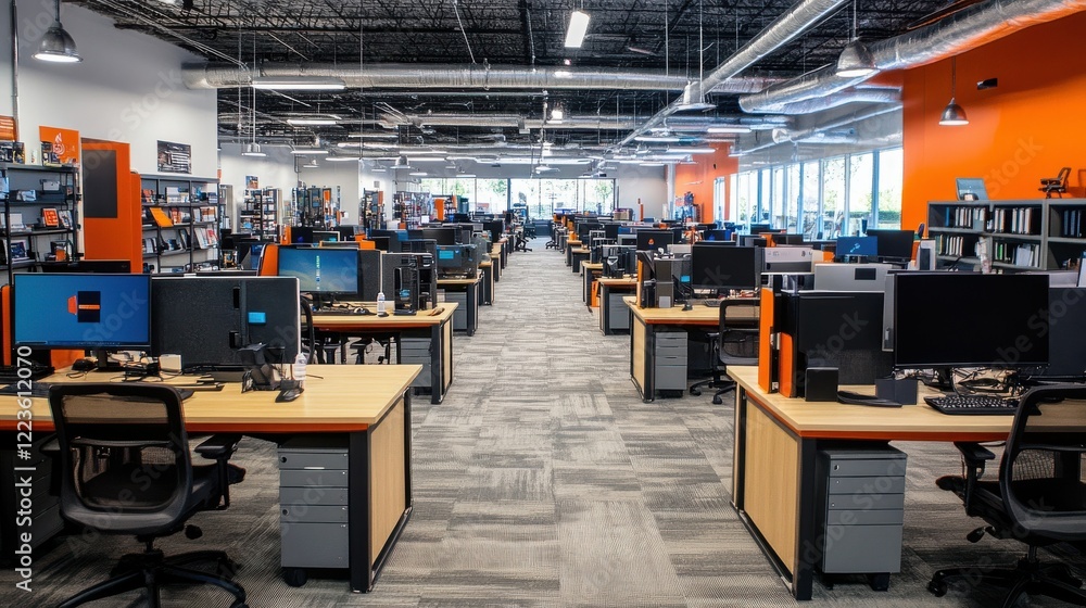 Modern open office space with desks and computers in industrial setting Modern open office space with desks and computers in industrial setting