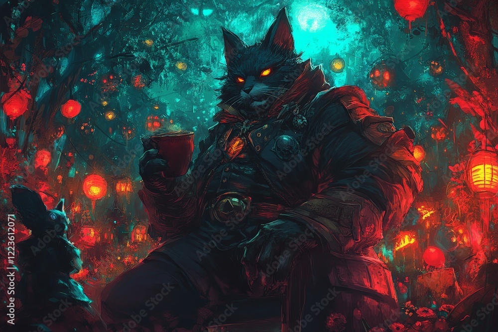 Obraz premium anthropomorphic cat enjoying a drink amidst glowing lanterns