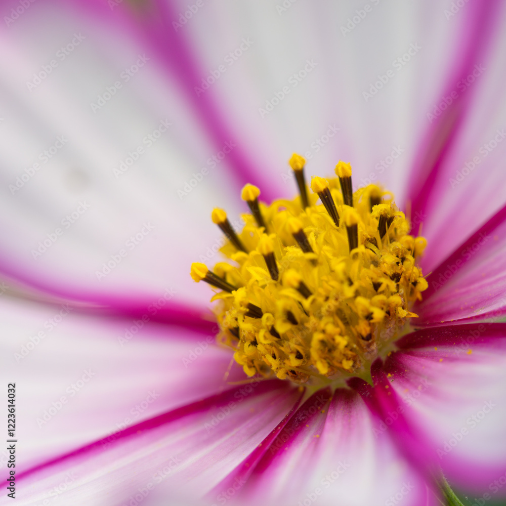 A macro shot of a pink cosmos bloom. A macro shot of a pink cosmos bloom.