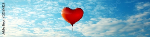 A red heart-shaped balloon floats in the sky against a backdrop of clouds. Concept of love and freedom. For Valentine's Day greeting cards.