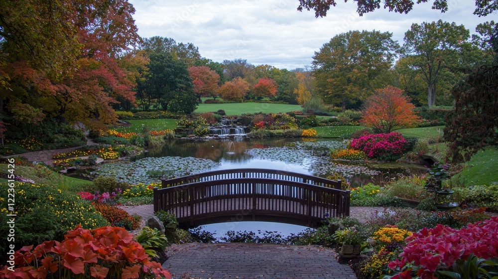 Obraz premium Autumnal garden bridge, pond, colorful foliage, peaceful scene, landscape design