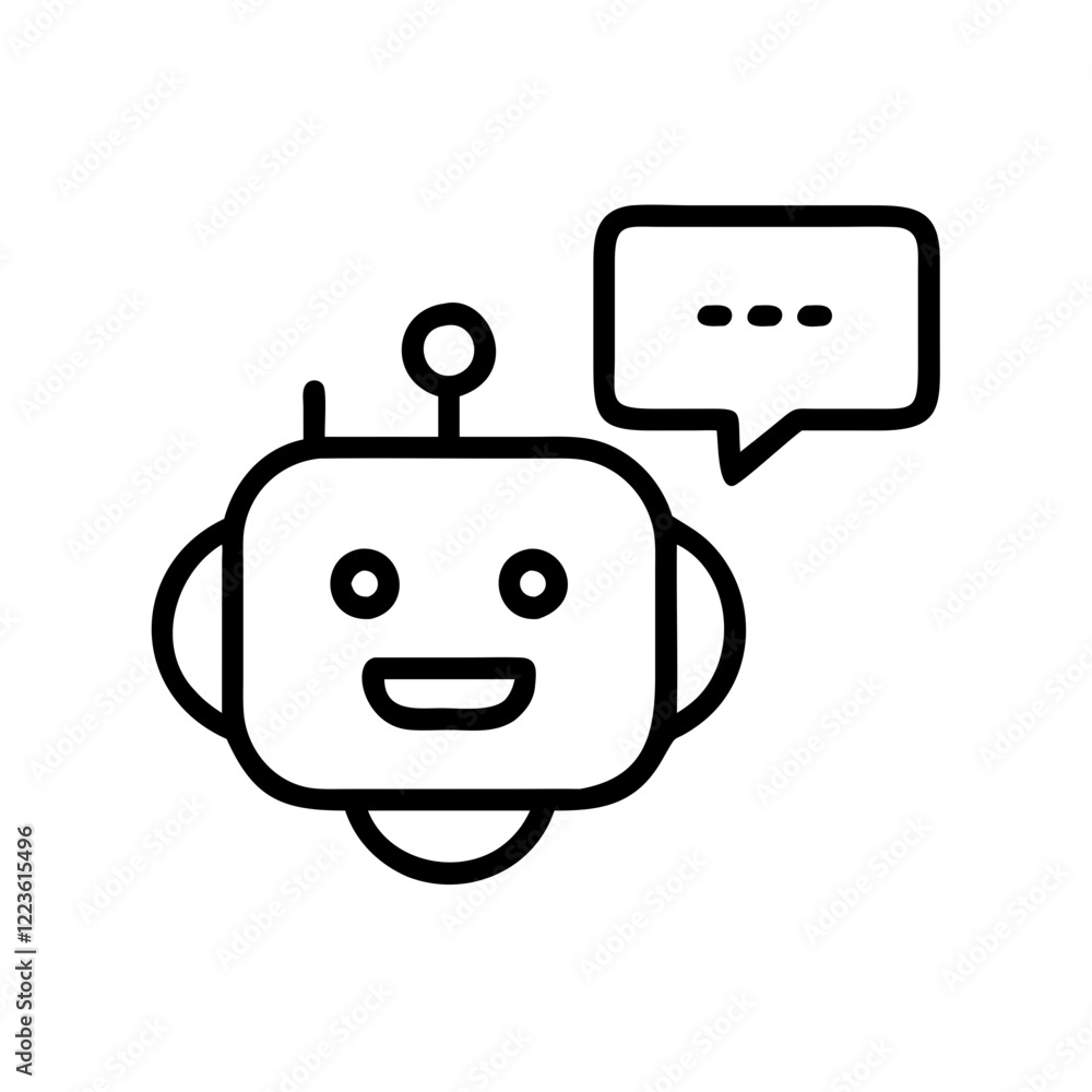 Fototapeta premium Friendly robot head with speech bubble representing a chatbot or AI assistant.Vector simple icon for websites and apps