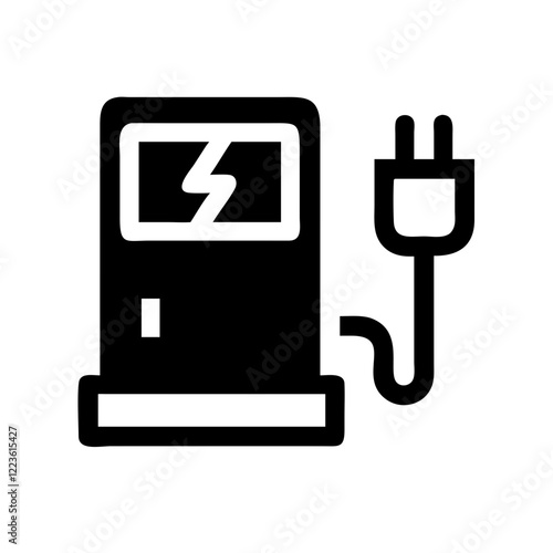 A simple, line art illustration of an electric vehicle charging station with a plug on a cord. Clean, minimalist, and symbolic of electric vehicle infrastructure