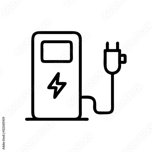 A simple, line art illustration of an electric vehicle charging station with a plug on a cord. Clean, minimalist, and symbolic of electric vehicle infrastructure
