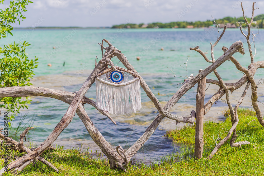 Turquoise waters of Bacalar Lake, Mexico. Peaceful and scenic tropical destination. Travel, relaxation, and nature concept