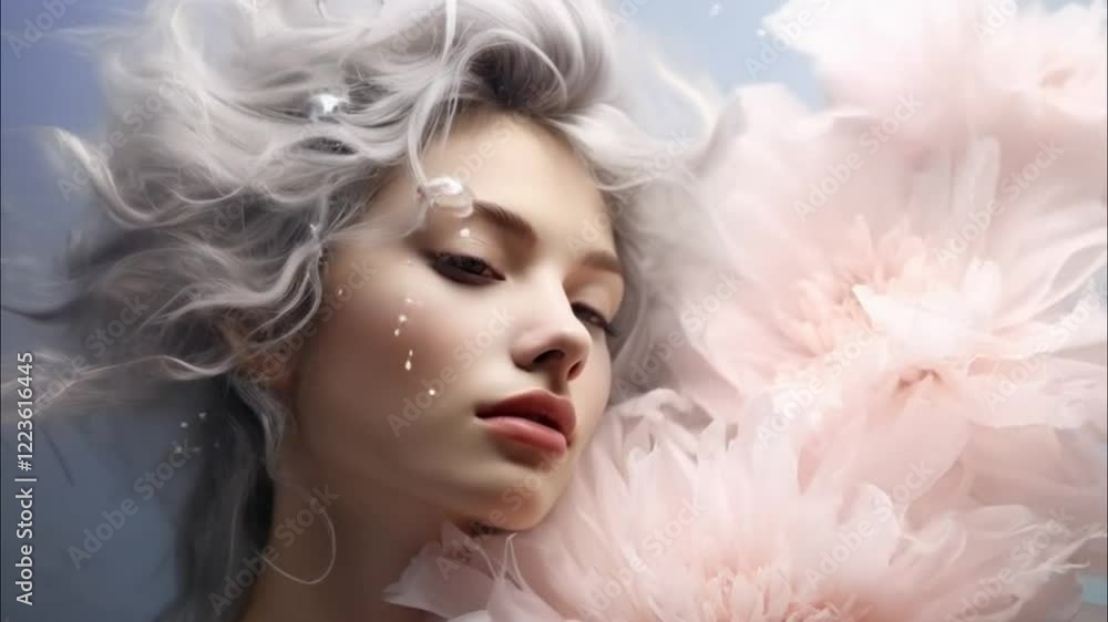 Serenity and tranquility in animation with a woman surrounded by flowers. Woman's Day Serenity and tranquility in animation with a woman surrounded by flowers. Woman's Day