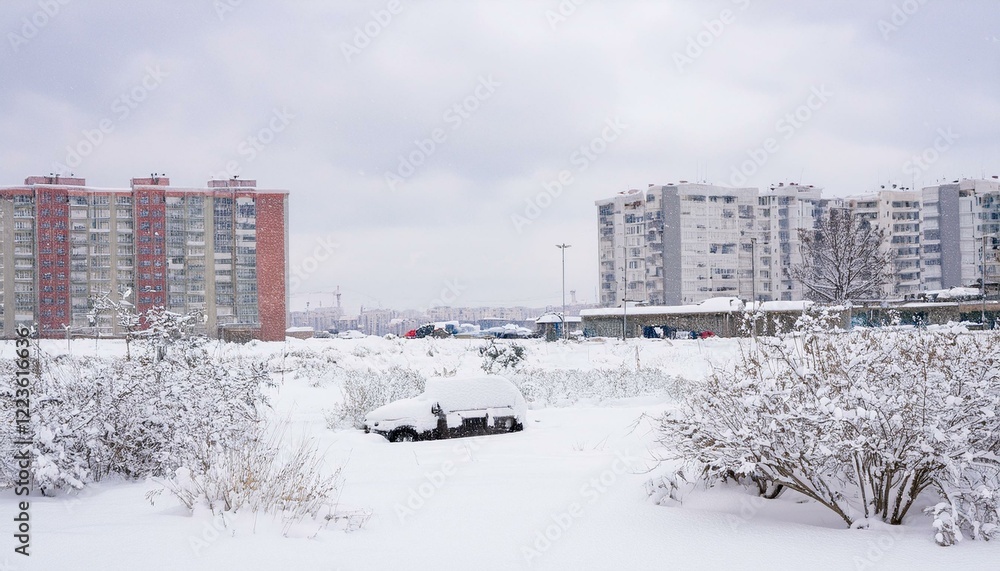 Obraz premium 폭설로 인해 도시가 눈에 파묻힌 모습, 건물들과 차량들이 눈 아래에 묻혀 있다