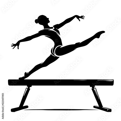Gymnast performing on a balance beam in dynamic black and white illustration