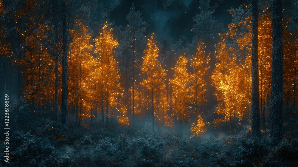 Fototapeta premium Night forest fire, burning trees, smoky, eerie, fantasy