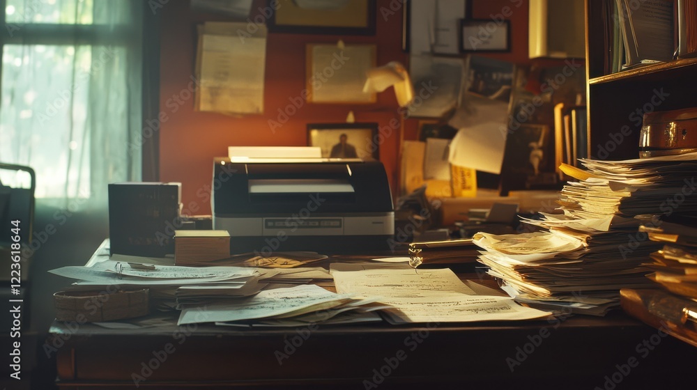Cluttered home office with printer and stacks of papers in warm sunlight Cluttered home office with printer and stacks of papers in warm sunlight