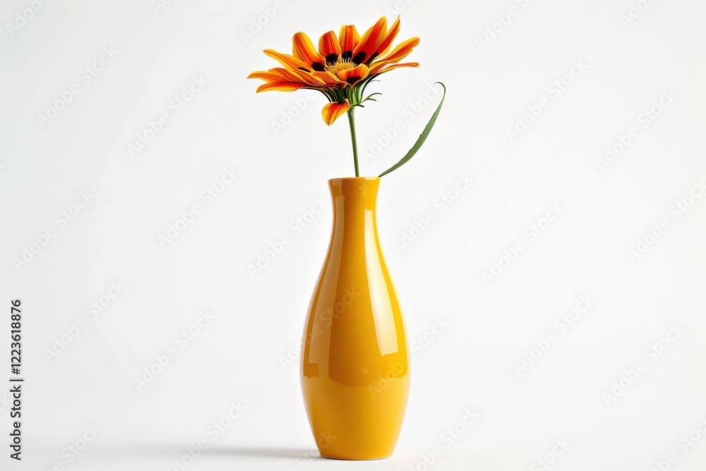 A vibrant orange flower blooms gracefully in a sleek yellow vase, illuminated by soft, natural light against a clean backdrop isolated on transparent background A vibrant orange flower blooms gracefully in a sleek yellow vase, illuminated by soft, natural light against a clean backdrop isolated on transparent background