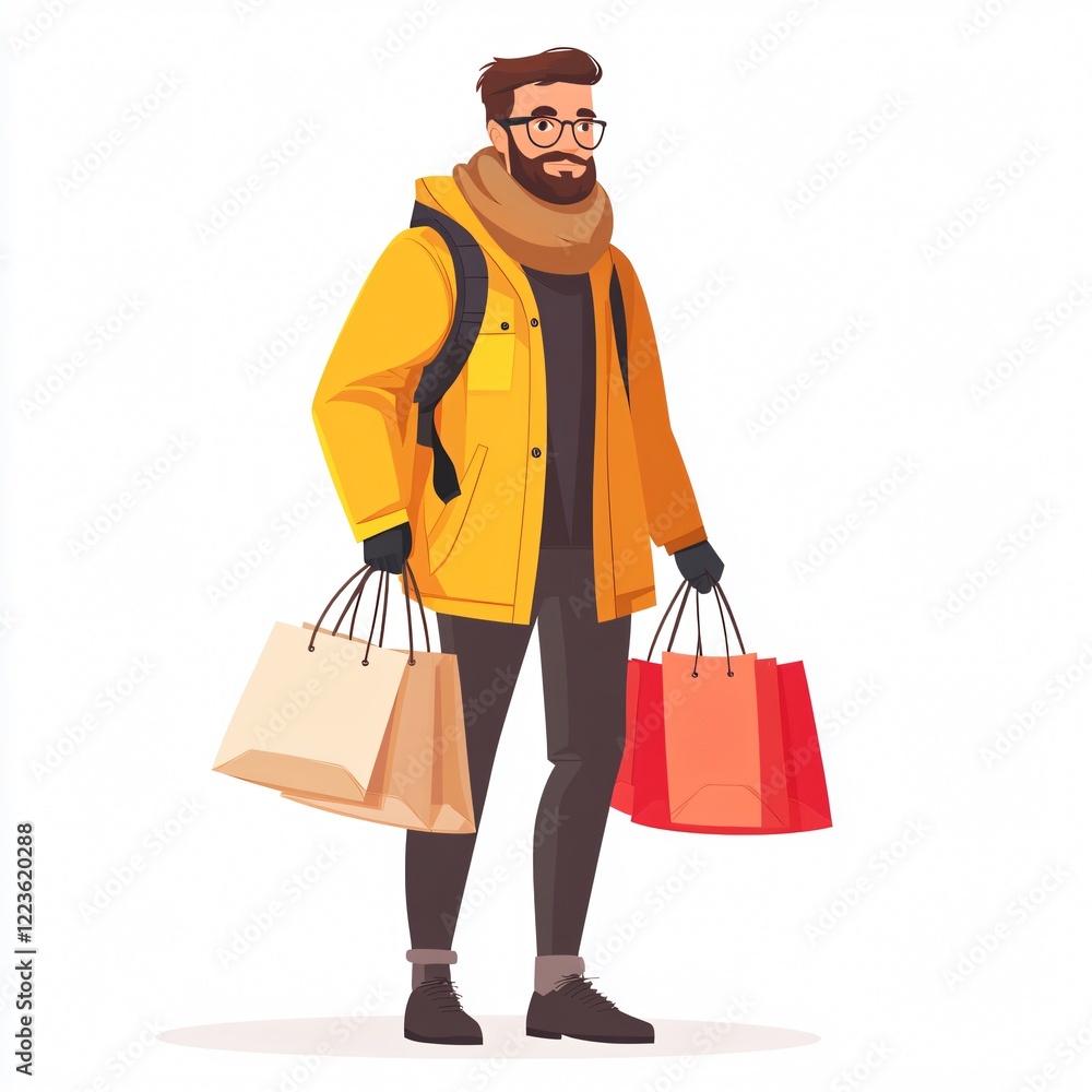 Stylish Young Man in Winter Attire Holding Shopping Bags Stylish Young Man in Winter Attire Holding Shopping Bags