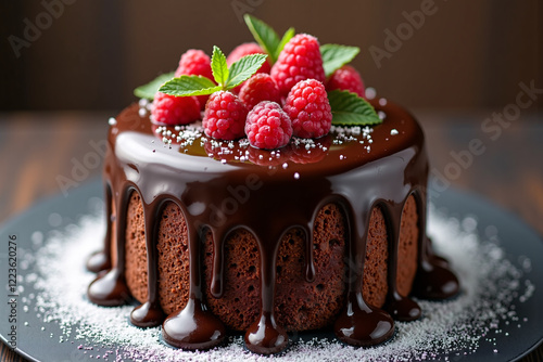 Chocolate Drip Cake with Fresh Raspberries and Mint Leaves on a Black Plate photo