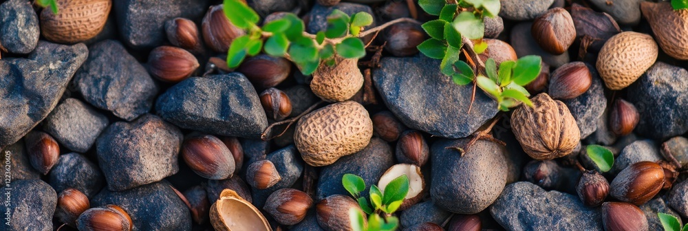 Natural harmony of acorns, peanuts, and stones with green foliage in nature Natural harmony of acorns, peanuts, and stones with green foliage in nature