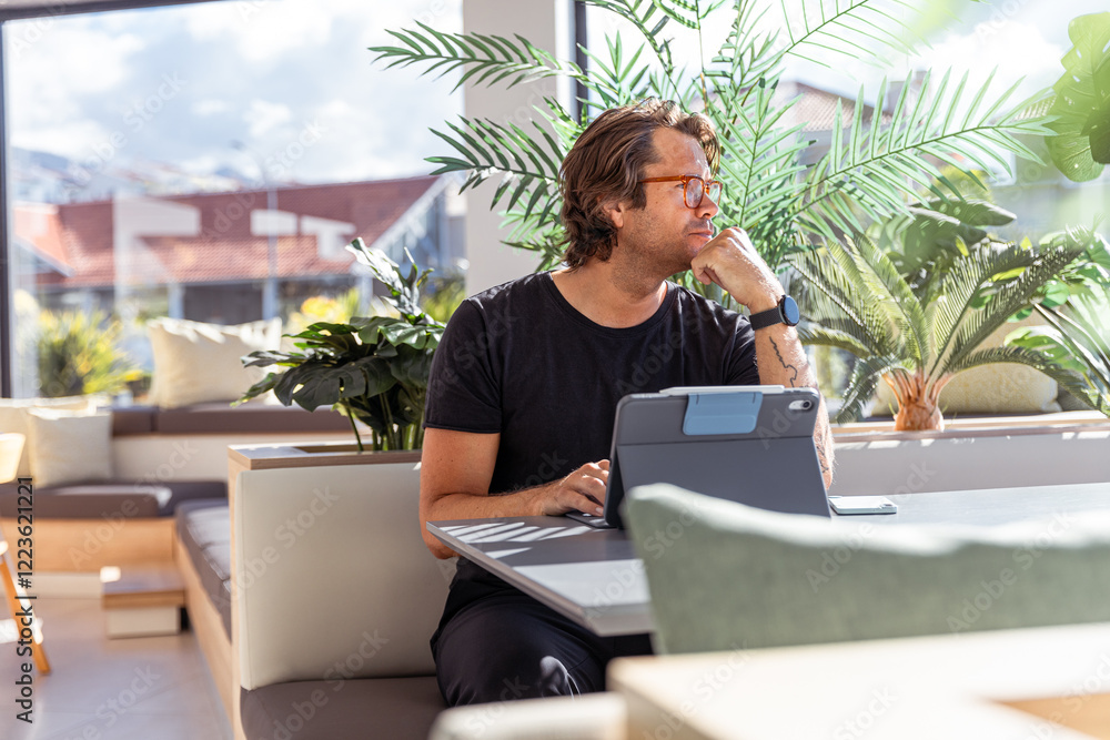 A hipster businessman is sitting at a table with a tablet and has a thoughtful expression A hipster businessman is sitting at a table with a tablet and has a thoughtful expression