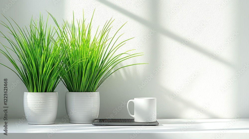 Fototapeta premium Office plants, coffee, tablet, sunlight, minimal