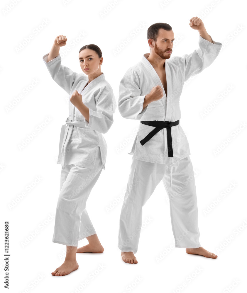Karate fighters in uniform on white background Karate fighters in uniform on white background