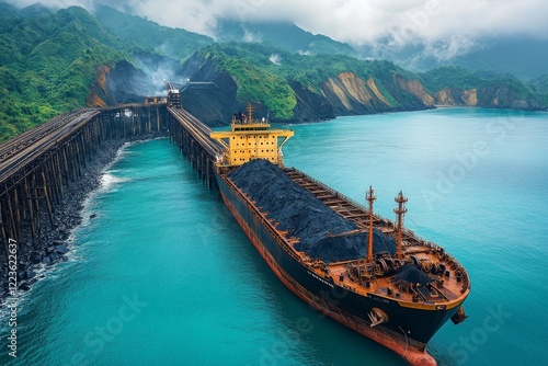 Massive Bulk Carrier Ship Laden with Coal Anchored at Sea Under a Clear Sky with Calm Waters, Industrial Shipping Scene
