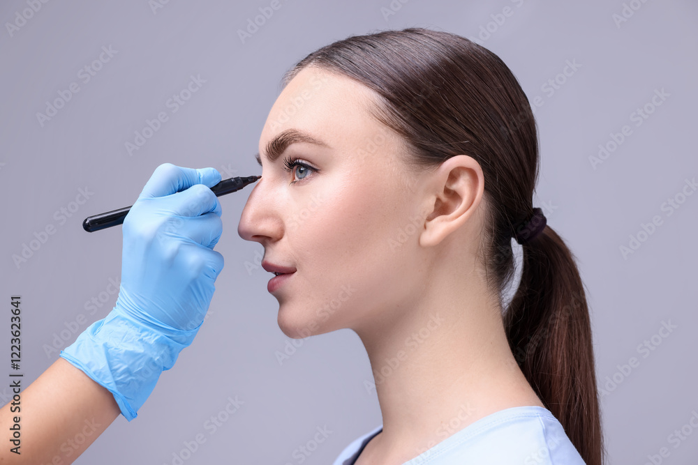 Doctor drawing marks on patient's nose for plastic surgery operation against grey background, closeup Doctor drawing marks on patient's nose for plastic surgery operation against grey background, closeup