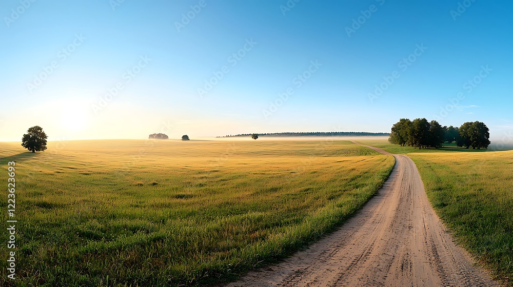 Obraz premium Sunrise over misty field, dirt road leading to trees. Peaceful countryside landscape, perfect for travel brochures