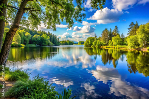 Serene lake reflecting blue sky and clouds, lush green trees on shores.