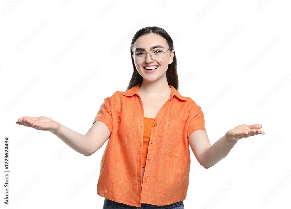 Happy woman welcoming friends or guests on white background Happy woman welcoming friends or guests on white background