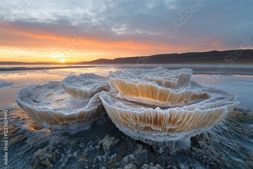 Stunning sunrise over salt formations resembling giant coral reefs in a serene lake. photo