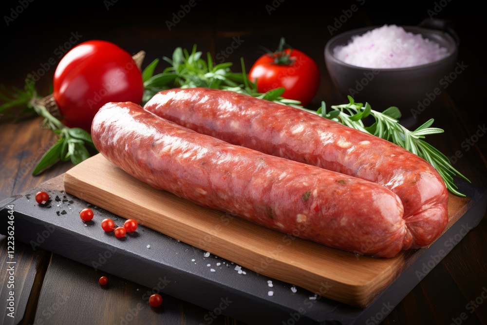 Two raw sausages seasoned with herbs lie on a wooden cutting board with tomatoes, rosemary, salt and peppercorns ready for cooking Two raw sausages seasoned with herbs lie on a wooden cutting board with tomatoes, rosemary, salt and peppercorns ready for cooking