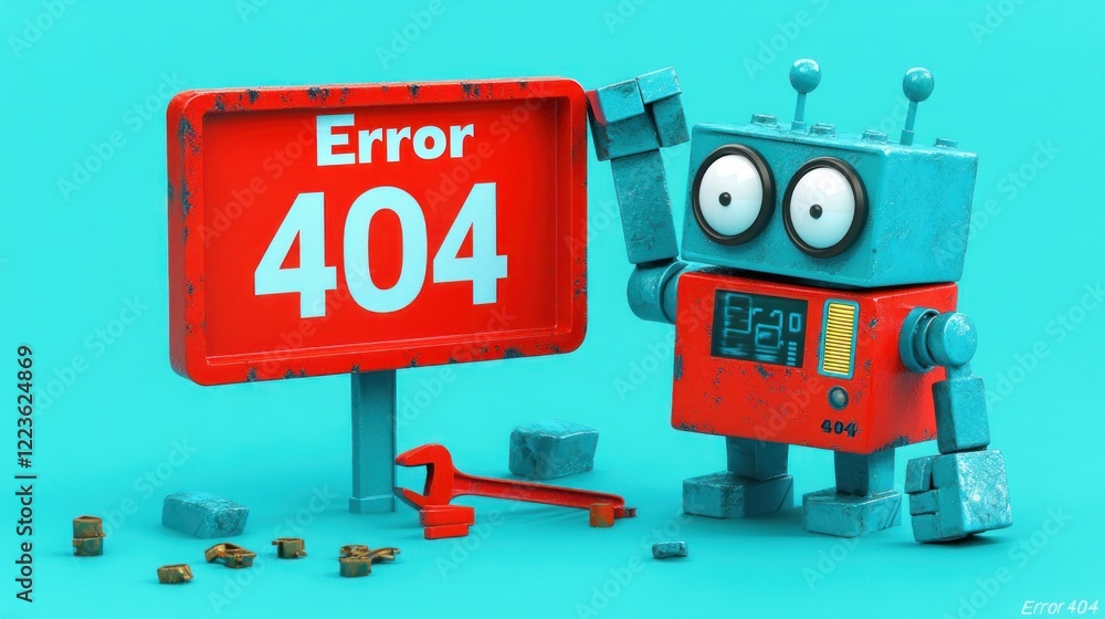 A cheerful robot stands next to a red error sign, showcasing a playful design and vibrant colors A cheerful robot stands next to a red error sign, showcasing a playful design and vibrant colors