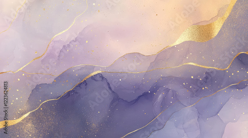 Abstract watercolor painting with gold accents in purple tones