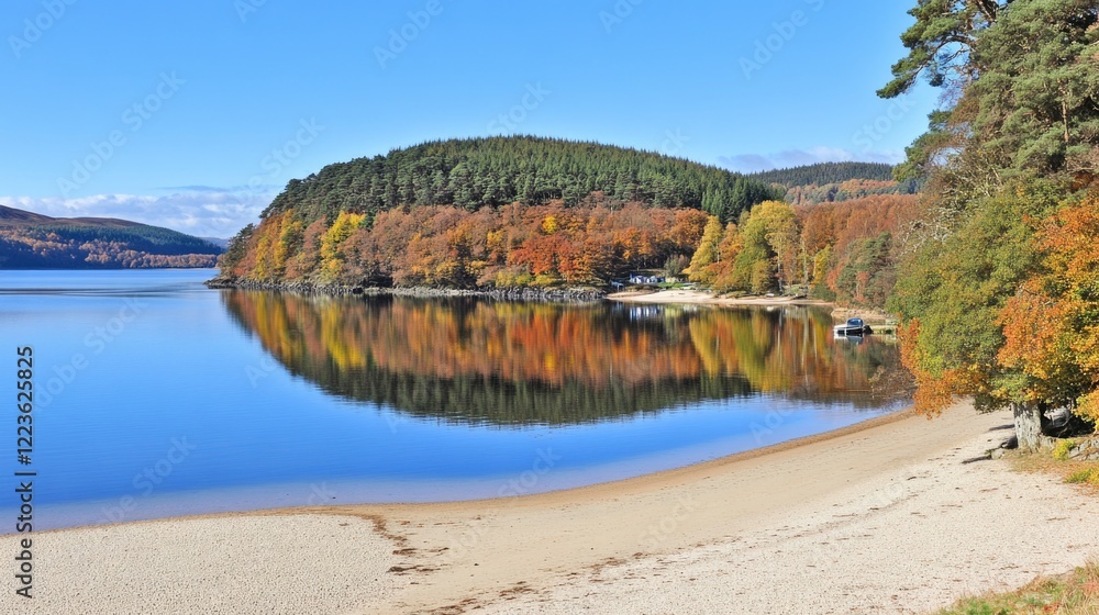 Fototapeta premium Beautiful autumn landscape reflected in calm lake with sandy beach and forested hills