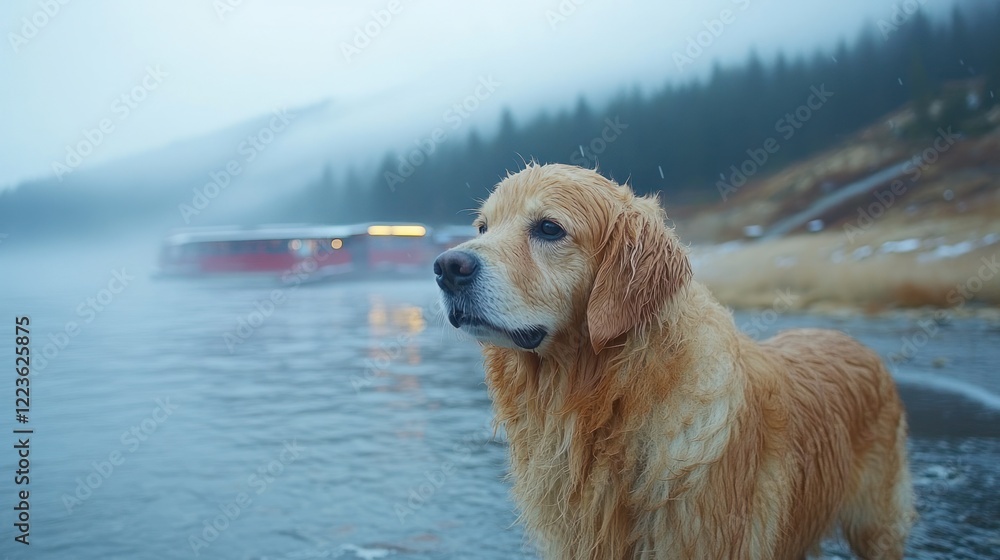 Obraz premium A golden retriever stands by the water, gazing at the misty mountains on a chilly day
