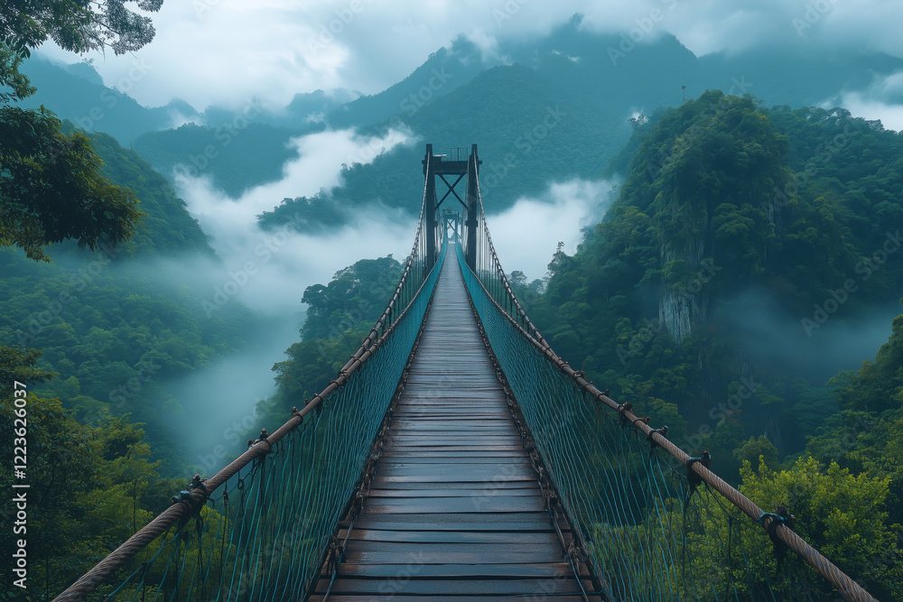 Fototapeta premium Suspended bridge crossing over lush forest with misty mountains in the background at dawn