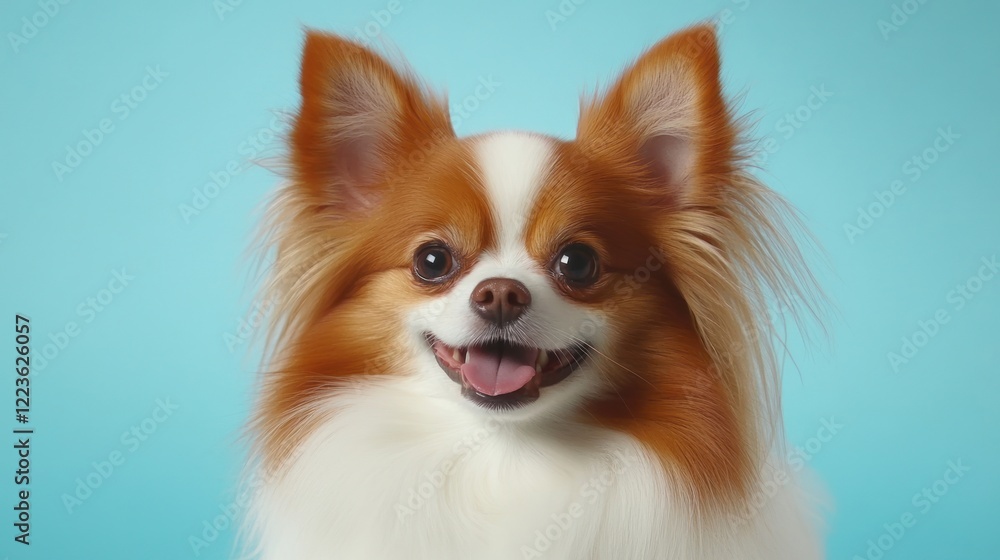 A small, fluffy dog with expressive eyes beams happily against a vibrant blue background A small, fluffy dog with expressive eyes beams happily against a vibrant blue background