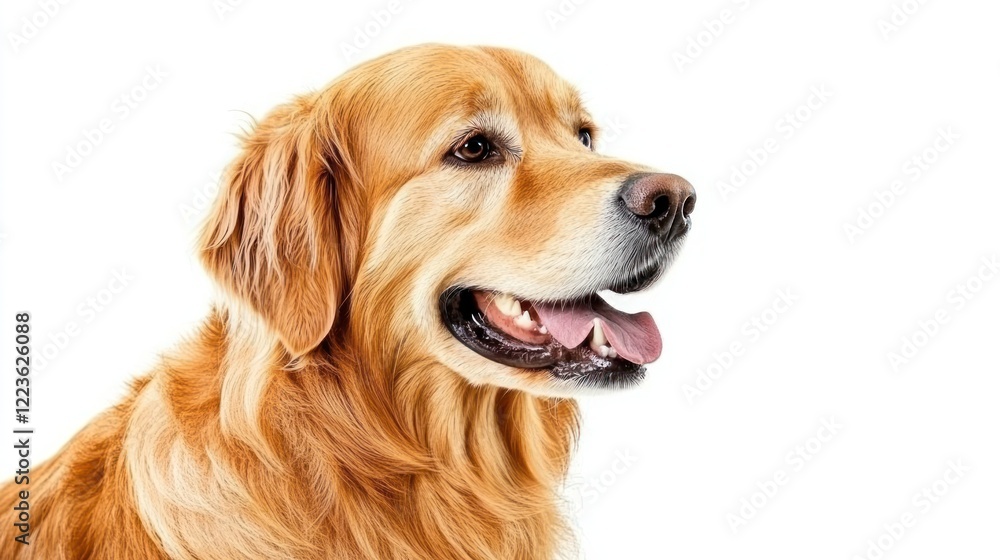 Golden retriever displays a happy expression while sitting against a white backdrop Golden retriever displays a happy expression while sitting against a white backdrop