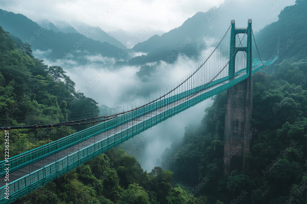 Obraz premium Scenic view of a green suspension bridge amidst lush mountains and fog in a remote area