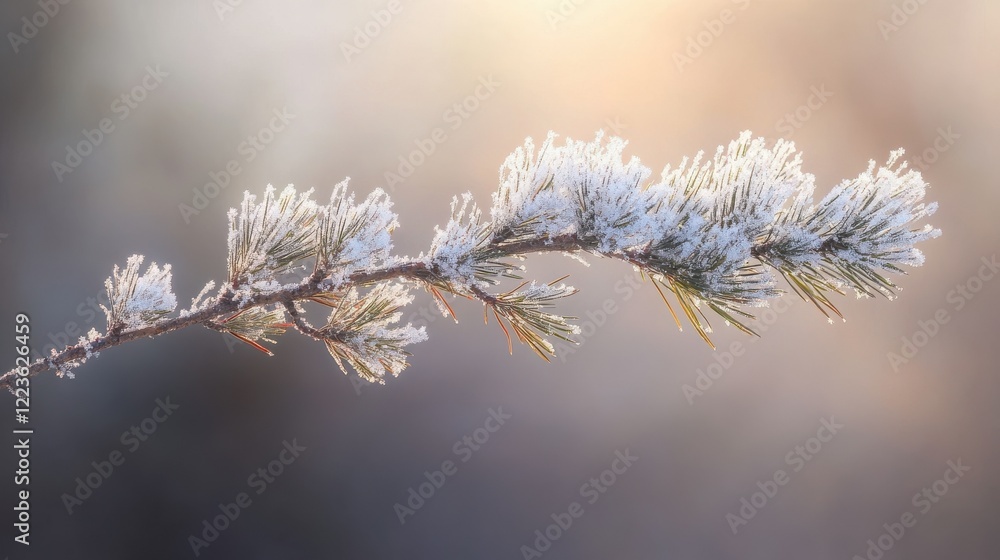 Frost-covered pine branch in winter sunset with soft bokeh background Frost-covered pine branch in winter sunset with soft bokeh background