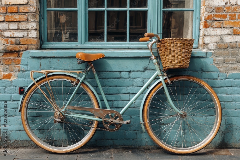 Classic Bicycle with Wicker Basket Attached to Handlebars in Vintage Setting, Nostalgic Cycling Scene with Retro Bike and Basket Classic Bicycle with Wicker Basket Attached to Handlebars in Vintage Setting, Nostalgic Cycling Scene with Retro Bike and Basket