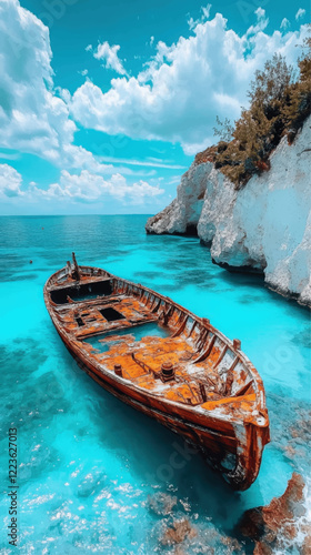 Stunning Vector Image of Abandoned Shipwreck in Turquoise Tropical Waters Near Cliffs Under Blue Sky with Fluffy Clouds - Perfect for Travel Inspiration