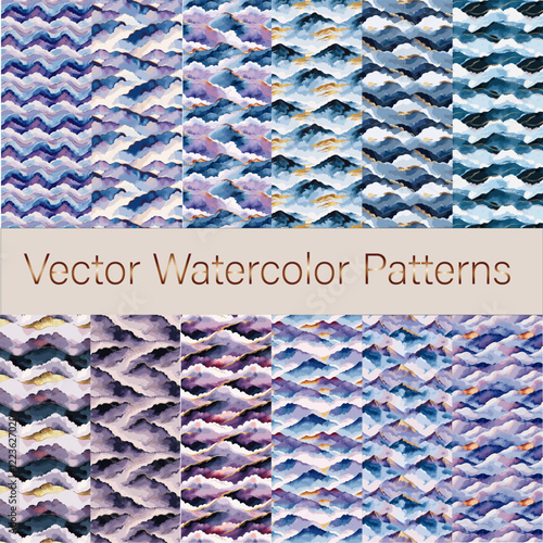 Set of vector watercolor patterns in violet, blue, black, gold shades for creating printed products, postcards, packaging, interior