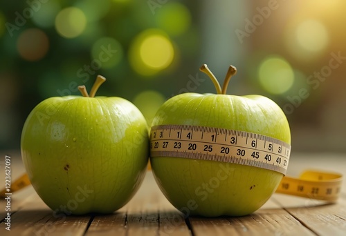 Three green apples with a measuring tape labeled GLP-1, symbolizing weight loss and healthy eating.