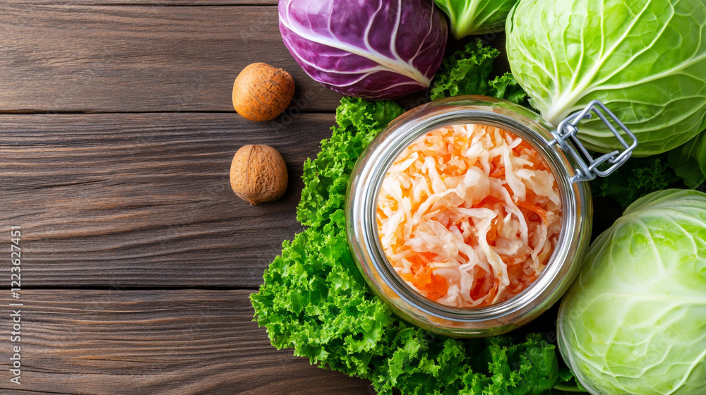 Colorful Jar Filled With Homemade Sauerkraut Surrounded by Fresh Greens and Vegetables on a Wooden Surface Colorful Jar Filled With Homemade Sauerkraut Surrounded by Fresh Greens and Vegetables on a Wooden Surface