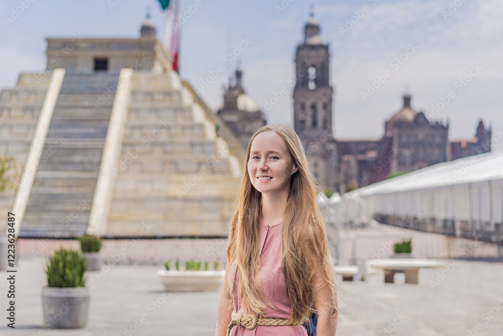Fototapeta premium Woman tourist exploring the historic Zocalo square in Mexico City, standing in front of a replica Aztec pyramid with the Mexican flag waving in the background. The Metropolitan Cathedral can be seen
