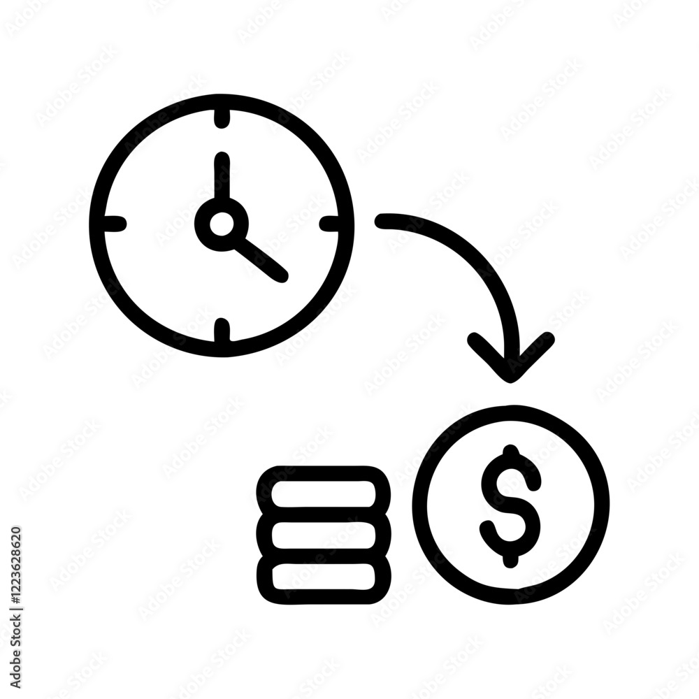 Time, money, clock, dollar, coin, finance, investment. Icon for time management, financial growth, and value of time. Use on finance, business, or productivity sites. Time, money, clock, dollar, coin, finance, investment. Icon for time management, financial growth, and value of time. Use on finance, business, or productivity sites.