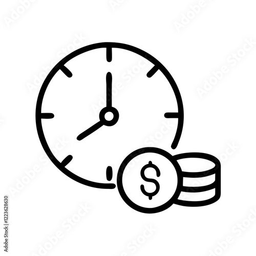 Time, money, clock, dollar, coin, finance, investment. Icon for time management, financial growth, and value of time. Use on finance, business, or productivity sites.