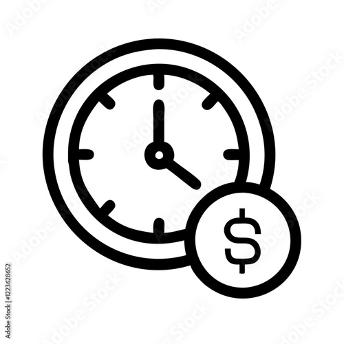 Time, money, clock, dollar, coin, finance, investment. Icon for time management, financial growth, and value of time. Use on finance, business, or productivity sites.